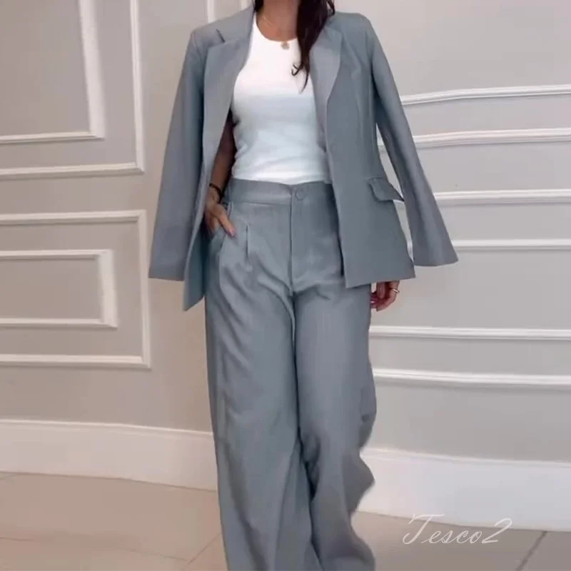 Tesco Casual Blazer And Pants For Women Suit Sets Gray Loose Pantsuit For Office Work Fashion Wide Leg Pants 2 Piece Outfits