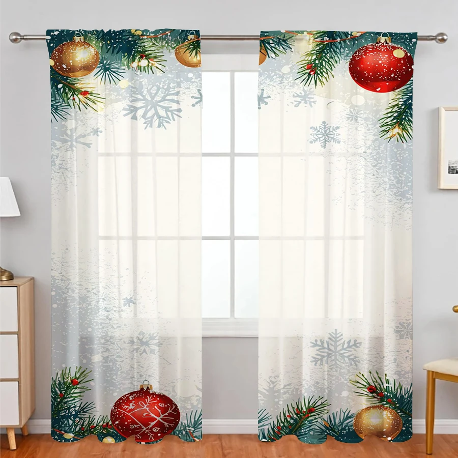 Home Decor Xmas - ม่านโปร่งแสง 2 ชิ้น ลายต้นคริสต์มาส ลูกบอลสีทองแดงและสีแดง ลายเกล็ดหิมะ