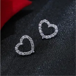 New Fashion Jewelry 925 Sterling Silver Not Allergic Temperament Love Heart-shaped Hollow Crystal Elegant Simple Earrings E102