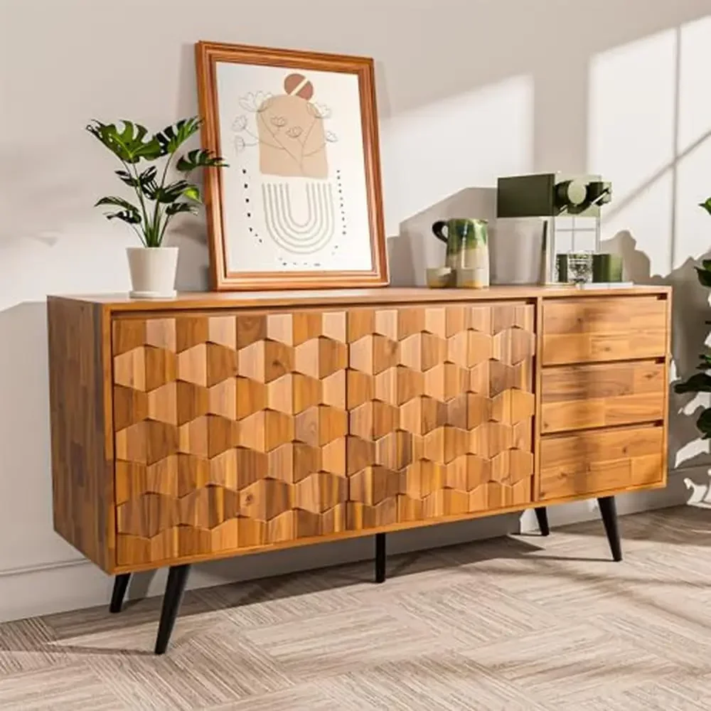 Geometric Pattern Solid Wood Sideboard Mid Century Modern Cabinet with 2 Doors & 3 Drawers Acacia Material Adjustable Shelves