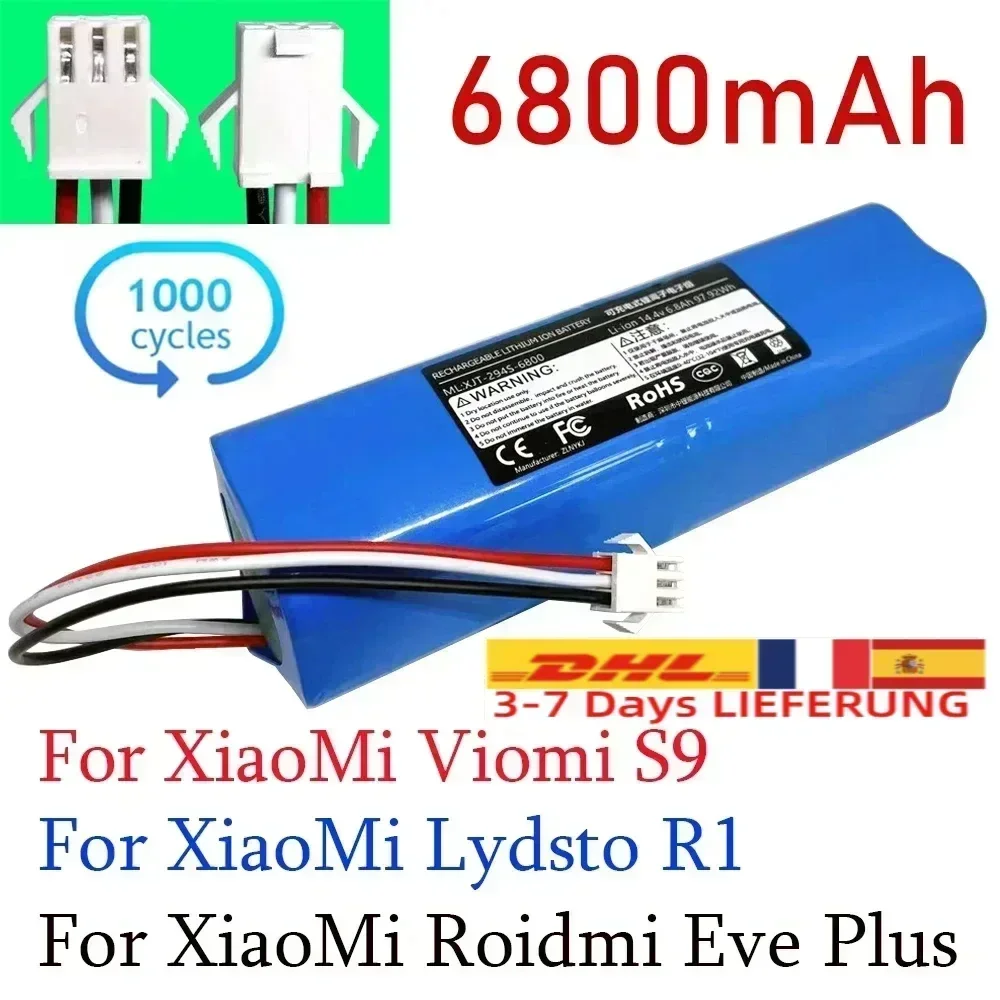 6800mAh Battery For Robot Vacuum Cleaner XiaoMi Lydsto R1 Roidmi Eve Plus Viomi S9, Battery Pack, Accessories, 14.4V Parts