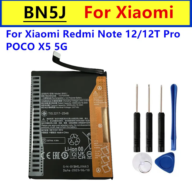 New 5000mAh/4900mAh BN5J Original Battery For POCO X5 5G , Xiaomi Redmi Note 12 5G Mobile Phone Batteries +Tools