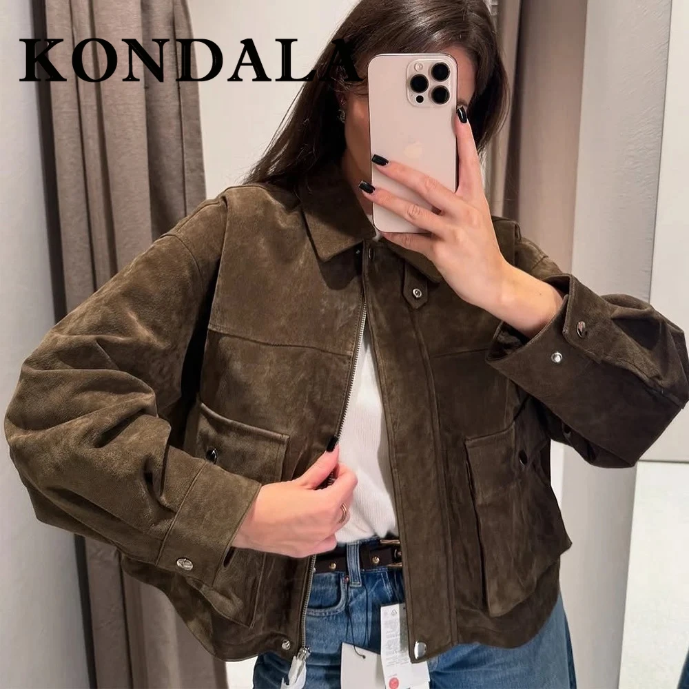 

KONDALA винтажная уличная одежда, повседневные клубные женские куртки, осенние карманы на молнии, замшевая ткань, шикарная модная осенняя верхняя одежда 2023 г.