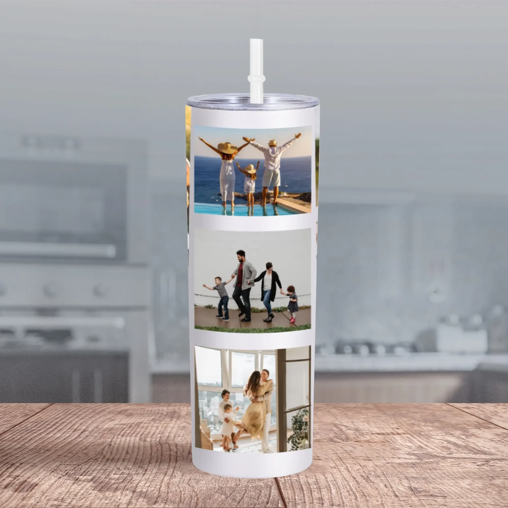 Custom 5 Photo Thermos Cup for Family 20oz Skinny Tumbler with Straw Lid Birthday Gift for Dad Mom Son Daughter Travel Cup