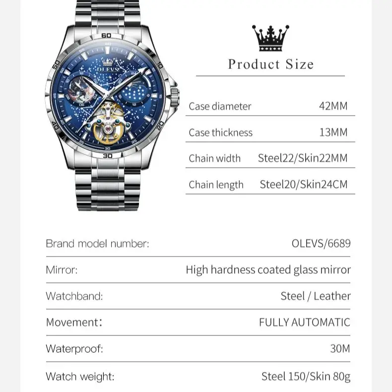OLEVS 6689 문 페이즈 남성용 시계, 럭셔리 별이 빛나는 하늘 HD 발광 방수 시계, 브랜드 트렌드 전자동 기계식 남자 시계