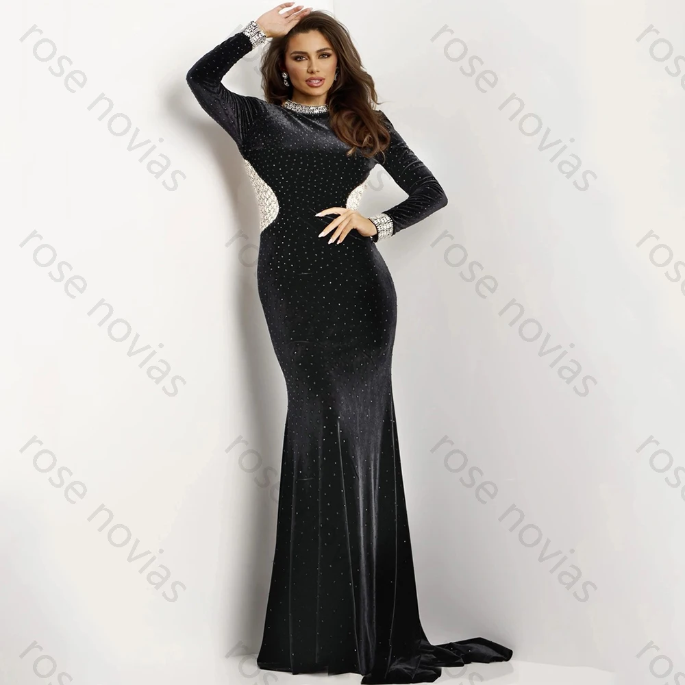 High Quality Simple Black Classic Evening Dresses Velour for Floor-Length O-Neck Backless Prom Dress Straight Crystal Customized