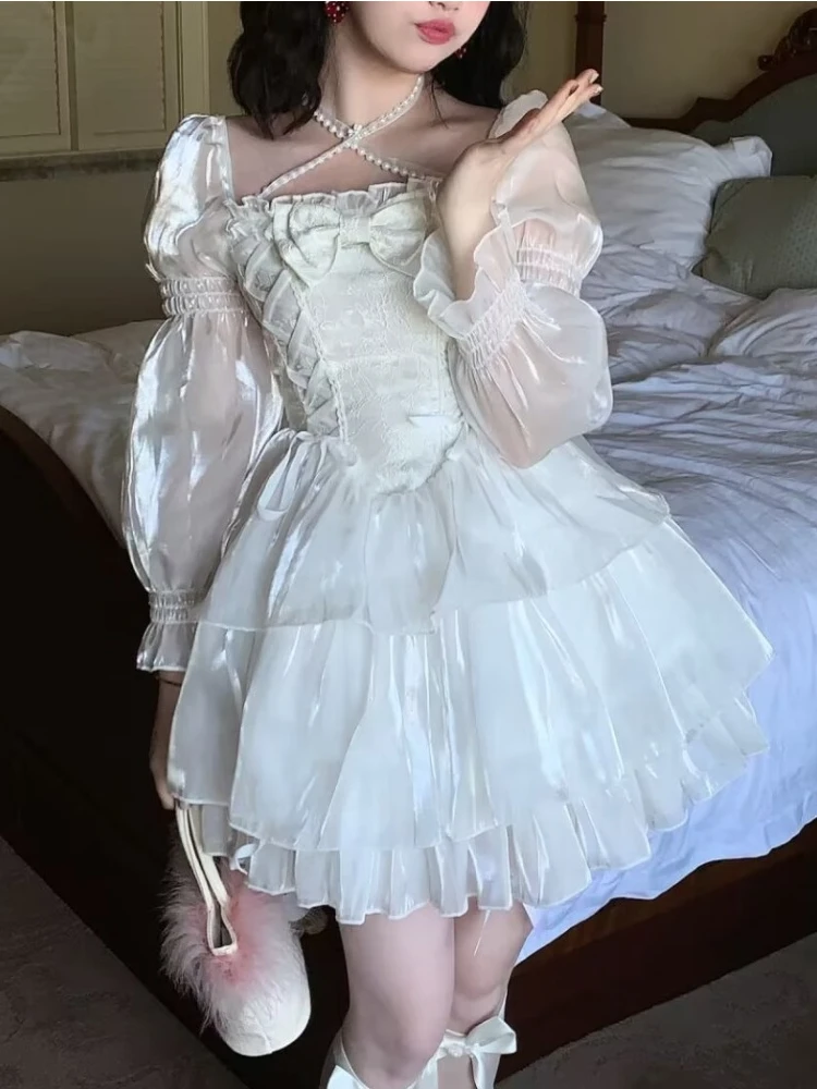 Robe Lolita japonaise douce fée pour femmes, tenue de princesse élégante en maille blanche avec nœud, tenue de soirée décontractée, Slim, été 2023