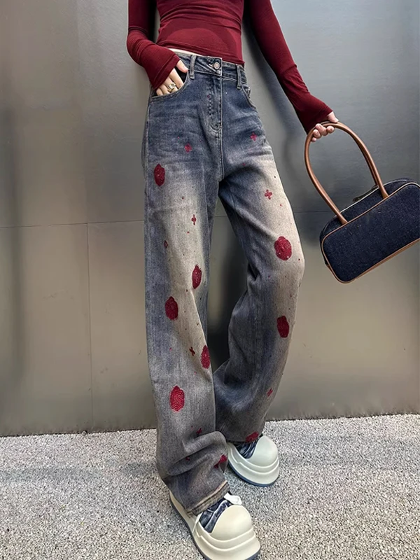 

Джинсы женские с высокой талией, прямые, весенние, новые, облегающие, широкие, в пол, с вышивкой и стразами, модные, повседневные, джинсовые