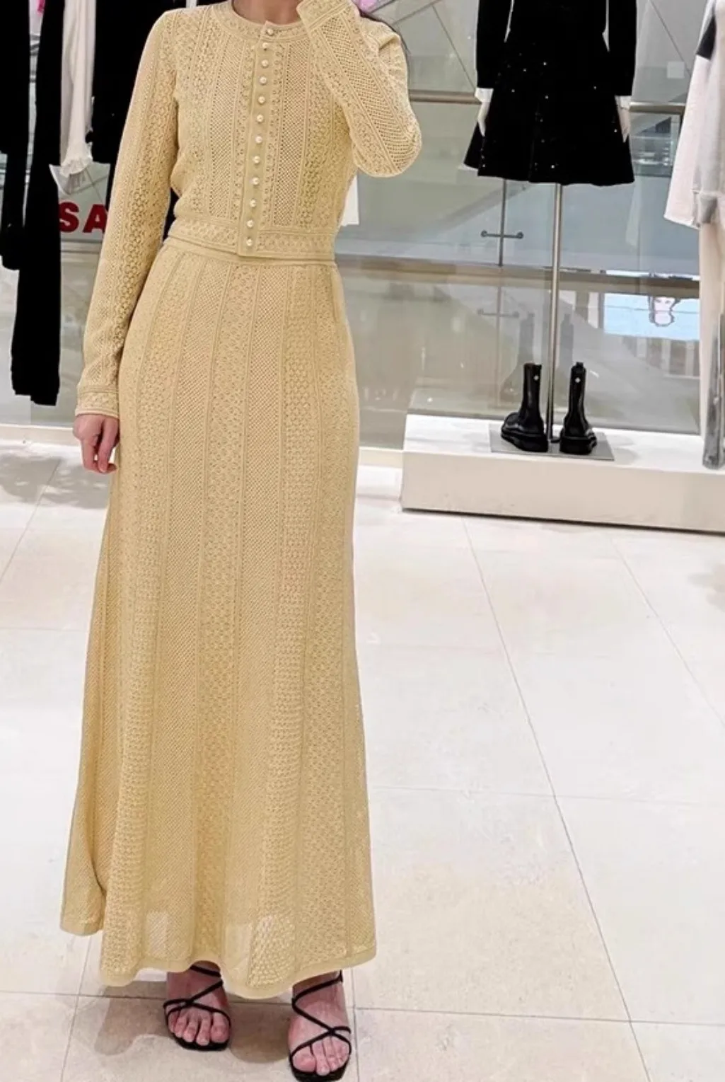 

Women Knit Set Long Sleeve Pearl Buttons Hollow Out Sweater Cardigan + A-Line Midi Skirt for Female