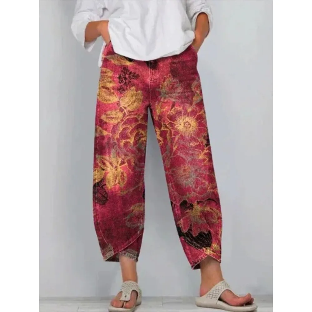 Damen Baumwoll-Caprihose mit Blumenmuster, Lässige Weite Haremshose in Knöchellänge mit Tulpenabschluss, Jogginghose für Tägliche Outdoor-Aktivitäten – Detail 9