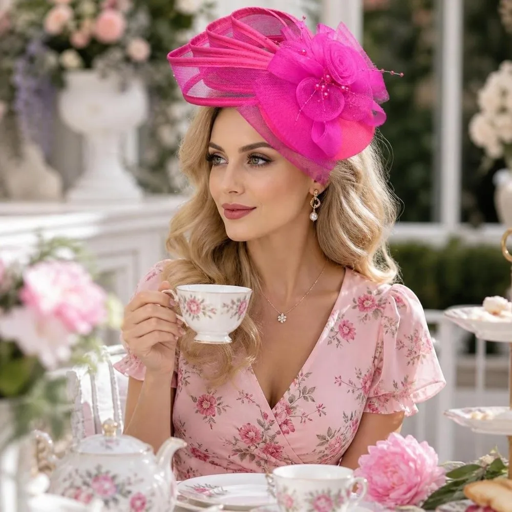 New Sinamay Women Fascinator Hat Vintage Mesh Veil Pillbox Hat Elegant Lightweight Bridal Headpiece Tea Party
