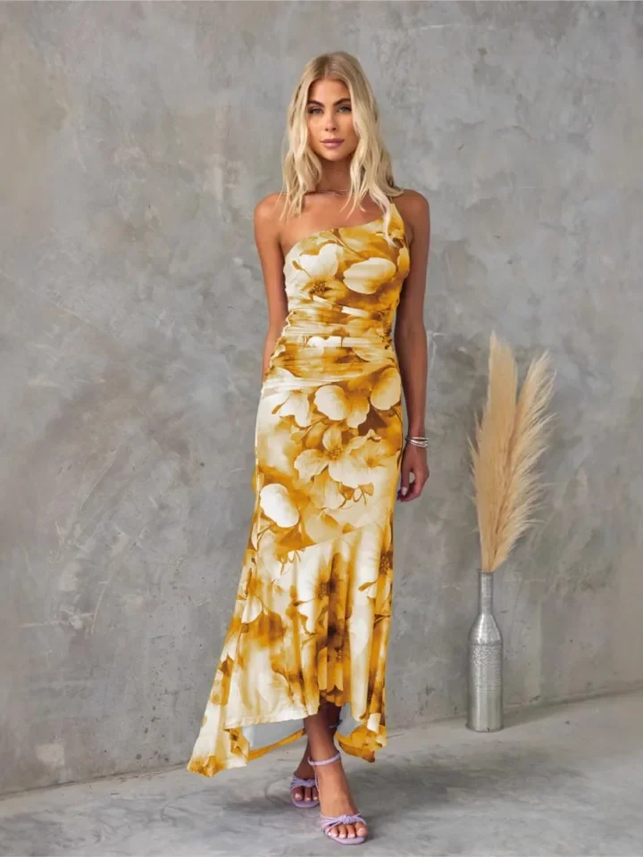 Elegante um ombro impresso vestido longo para primavera verão vestidos femininos sexy sem mangas vestido irregular casual vestido de festa