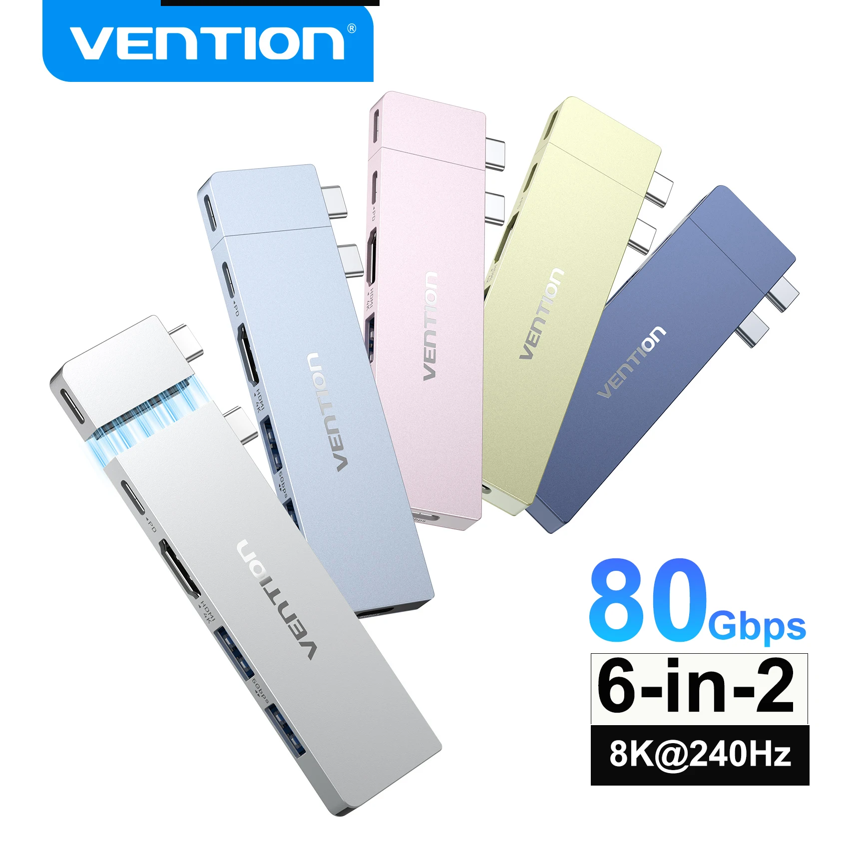Vention 6-in-2 USB-C HUB Plug-in Hub Thunderbolt 4 80Gbps 8K Dock Station for MacBook Pro Air USB 3.0 HUB HDMI 4K60Hz for Win