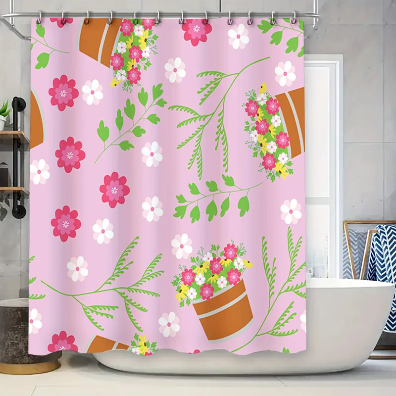

Pink Floral Potted Plant Shower Curtain for Bathroom Decor Home Decoration Waterproof Fabric Printing Size: 72x84 Inches