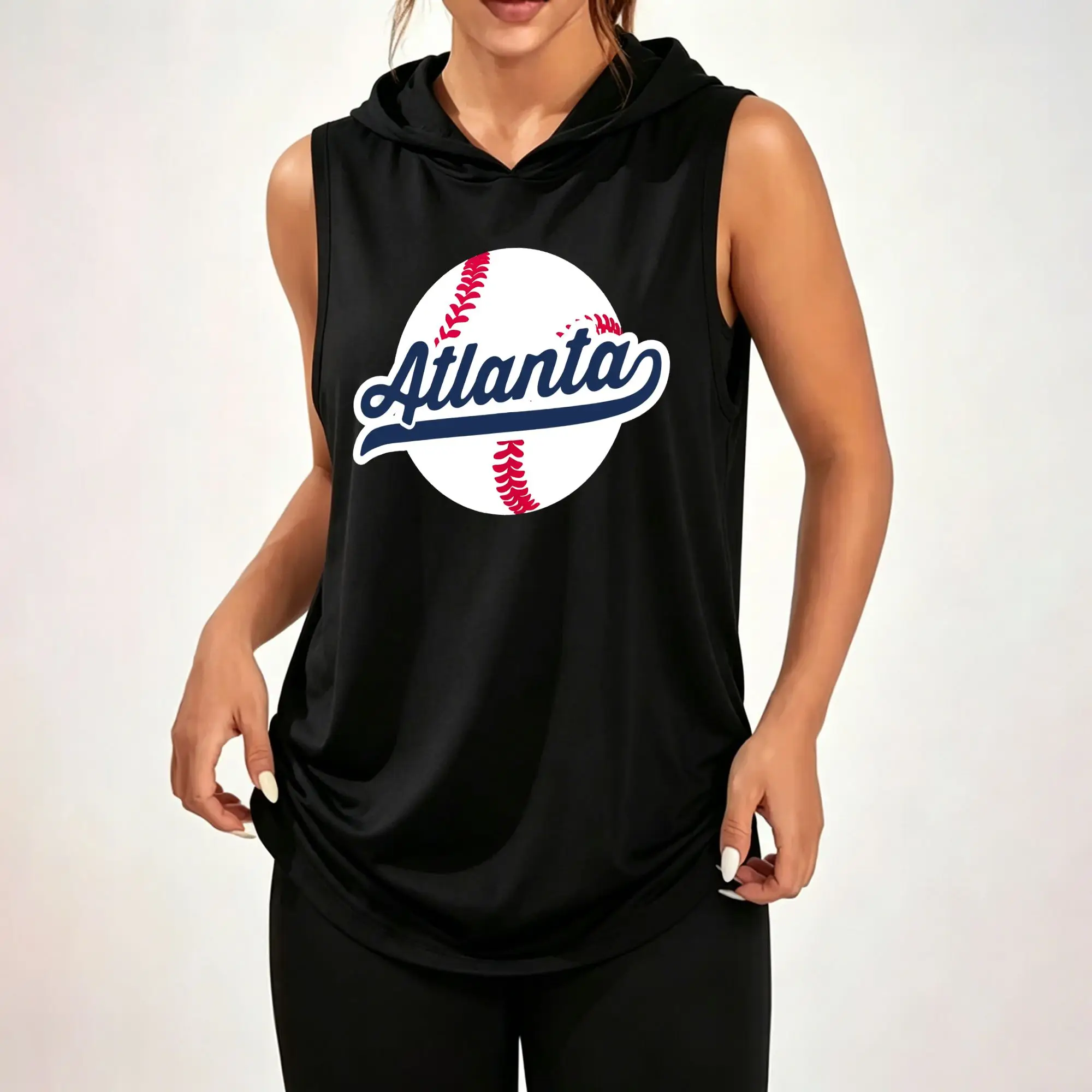 Women's Sleeveless Hoodie, Atlanta Baseball Circle Retro Script Graphic Print Casual Hooded Tank Top