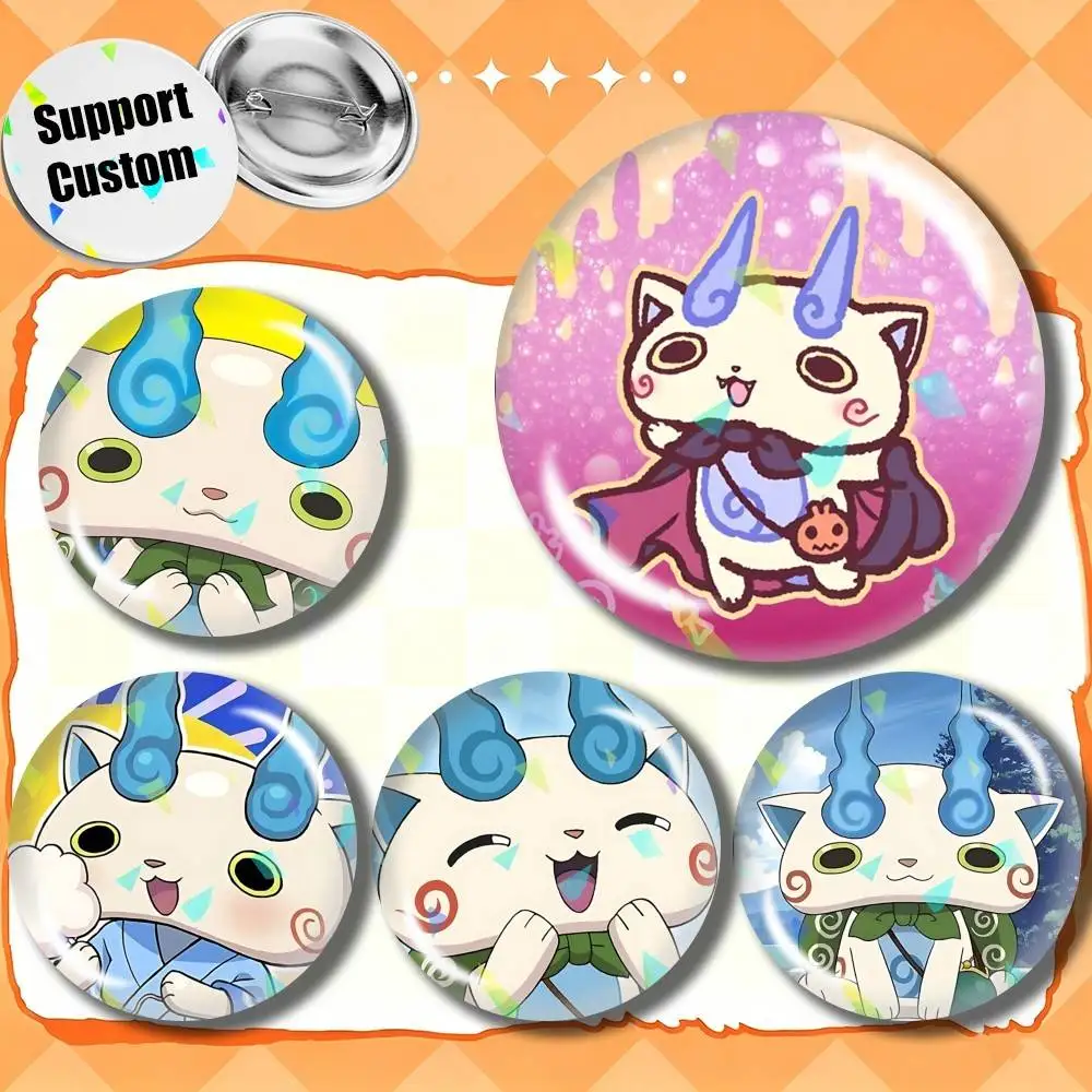 Yo-kai Anime Watch K-Komasan Customizable Round Brooch Pins, Personalized Badges With Broken Glass Design Fashion Accessory
