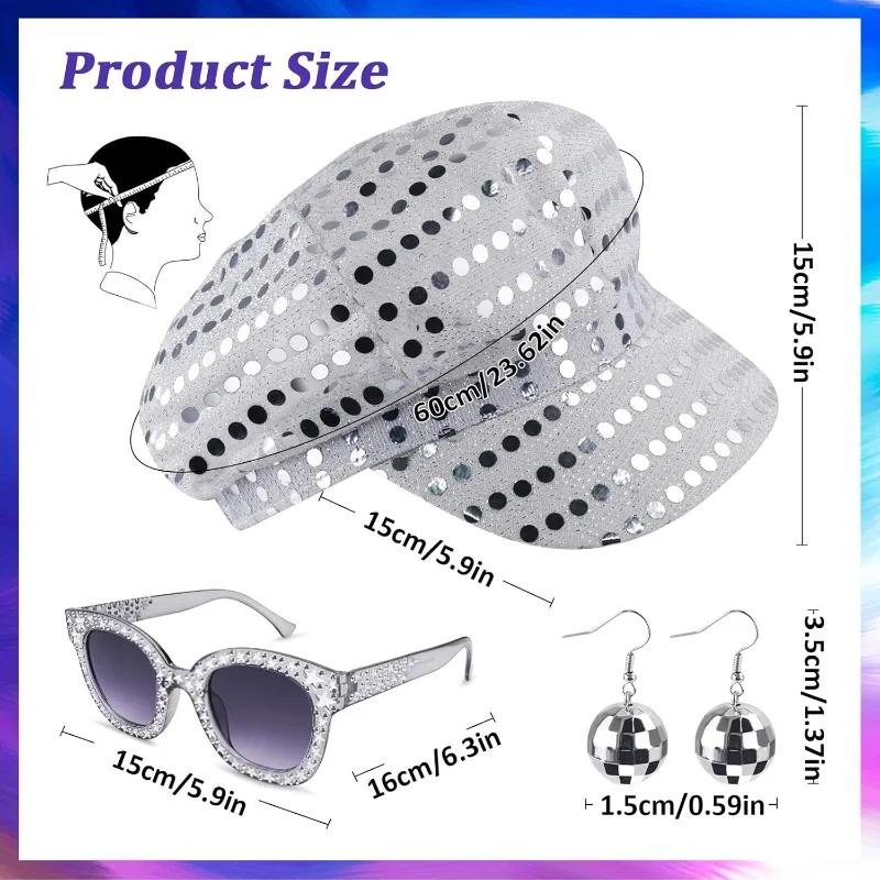 3PCS 70s Disco Costume Accessories Set Women 80s Disco Earrings Sequin Hat Sunglasses Stage Performance Props Halloween Party