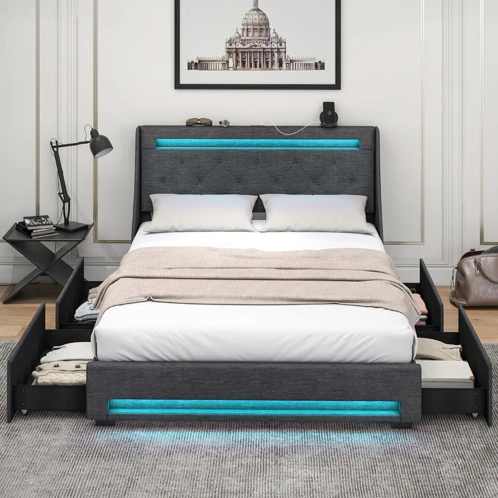 Full Size Bed Frame with LED Lights & Charging Station, Upholstered Platform Bed with Wingback Headboard