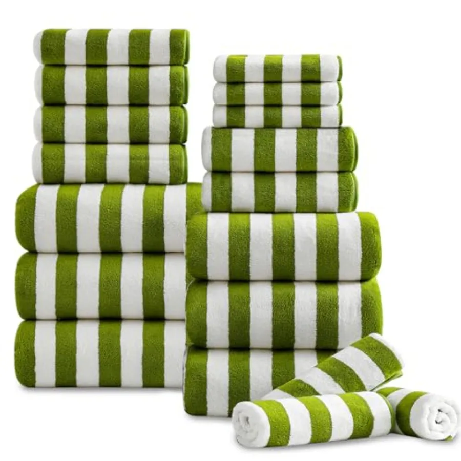 

18 Pcs Green Stripe Bath Towel Set with Hanging Loop-6 Bath Towels6 Hand Towels 6 Washcloths Soft Family Towels Set Bathroom To