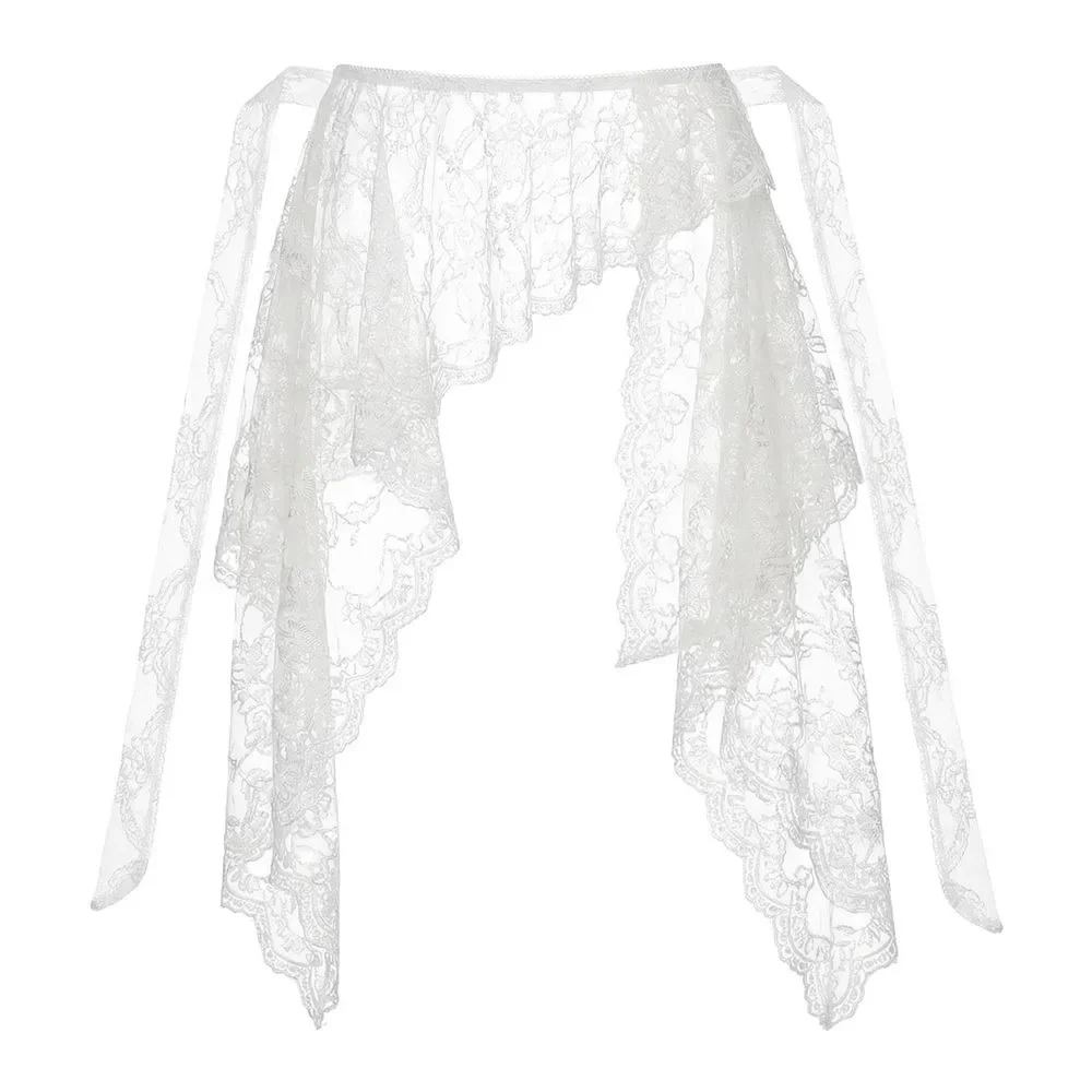 Saia com Babados Bordados em Formato de Flor, Cintura Alta, Bainha Irregular, Acabamento em Renda, Babados Franzidos, Mini Saia Estilo Harajuku