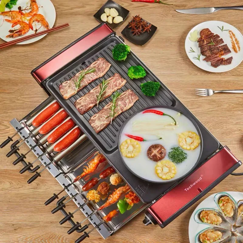 เตาบาร์บีคิวไฟฟ้าไร้ควันเครื่องบาร์บีคิวหมุนอัตโนมัติหม้อร้อนบาร์บีคิวเครื่อง All-in-one