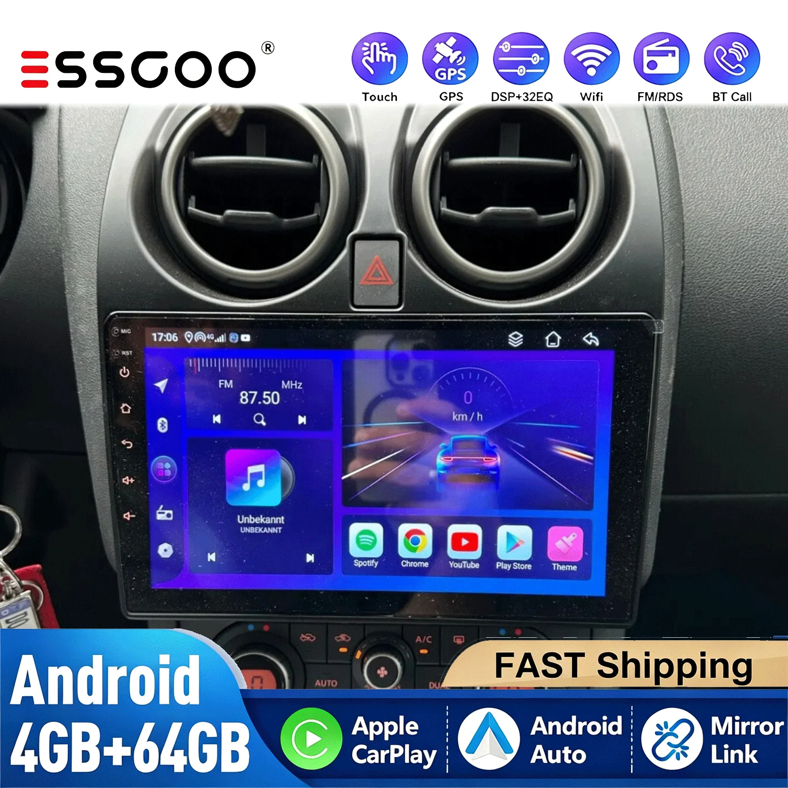 ESSGOO 4+64G Für Nissan Qashqai J10 2006-2013 Wireless CarPlay Android Auto-Multimedia-Videoplayer GPS RDS WiFi BT DAB+ Kamera