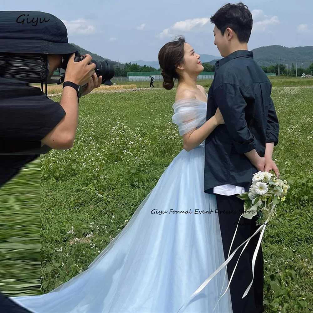 

ML Elegant Sky Blue Tulle Evening Dresses Korea Lady Wedding Photoshoot Off Shoulder Floor Length Prom Dress Garden Customized