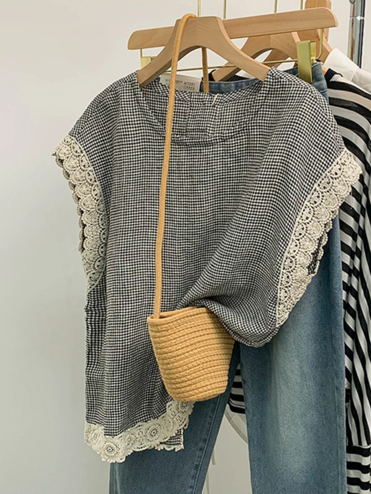 Dentelle épissure Svel rond Ne bouton unique femmes irt coupe ample été minceur vichy gilet haut trajet Sle