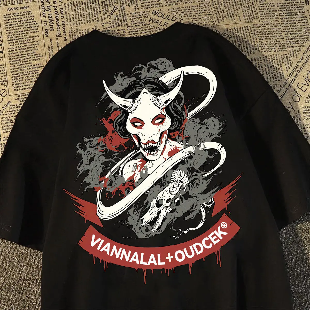 

New High Quality Internet Celebrity Same Hip Hop Japanese Devil He Print T-shirt Crew Neck Men and Women Loose Short Sleeves