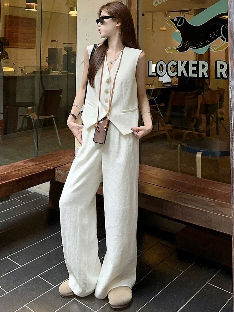 

Elegant Suits For Women French V Neck Sleeveless Vest High Waist Wide Leg Pants Sets Summer Fashion Casual Female 2 Pieces