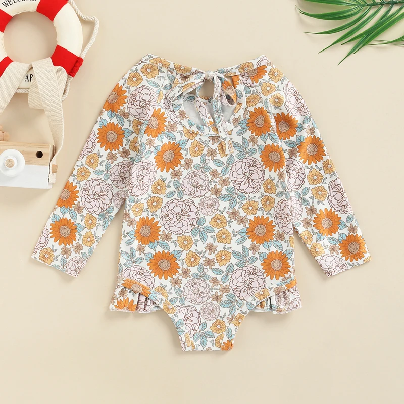 Tregren 1-6Y Kids Girls Swimsuit Heart Flower Print Long Sleeve Bathing Suit Spring Fall Winter Hot Spring Swimwear Beachwear