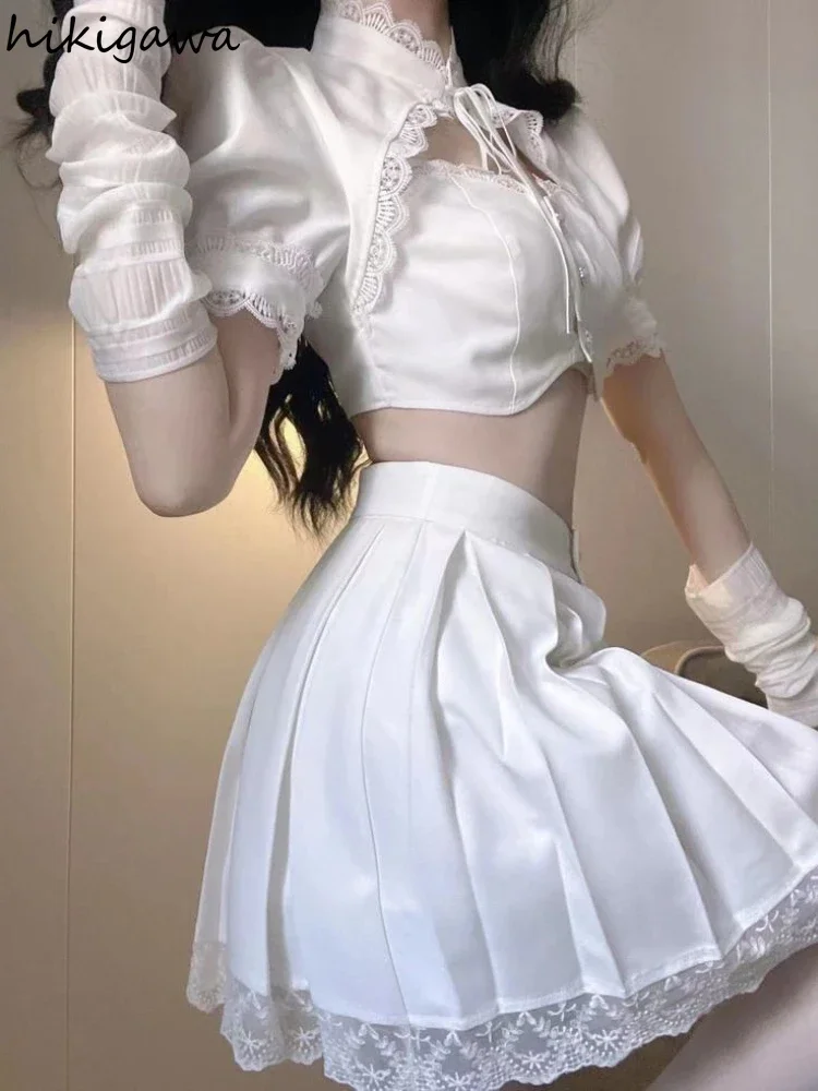 Y2k Clothes Sexy Crop Tops Summer Bandage Blouses Women Stand Neck Puff Sleeve Lace Hollow Out White Shirts 2023 Blusas De Mujer