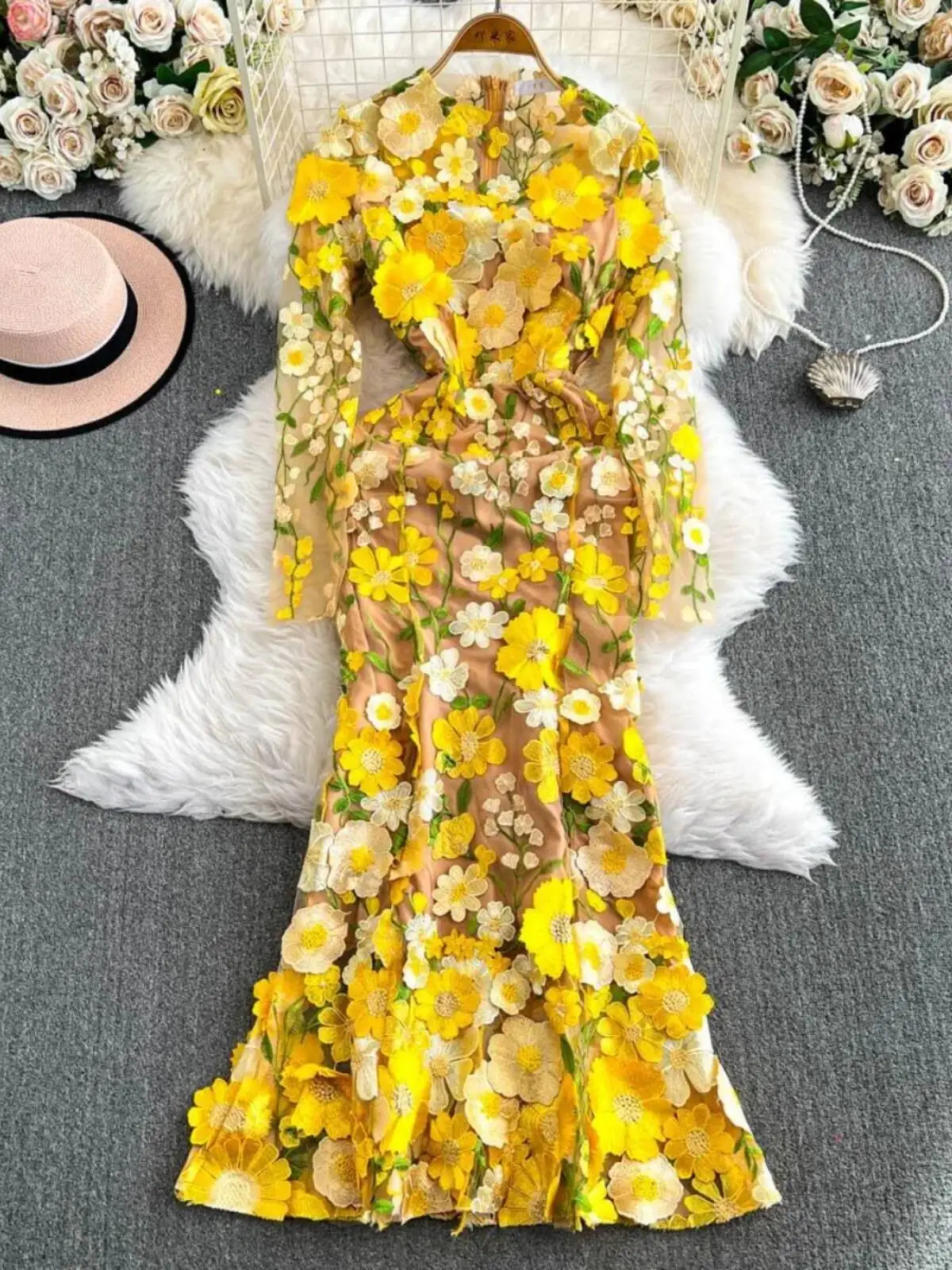 Quality Summer Autumn Fashion Flower Embroidery Lace Prom Wedding Dress Women Tulle Long Sleeve Mermaid Fishtail Dresses Party