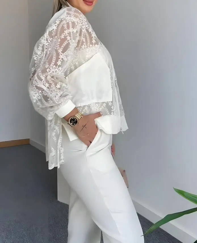 Flower Lace Embroidered Mesh Patch Baseball Jacket with Casual Zipper, Autumn Women's Elegant and Fashionable Lace Jacket