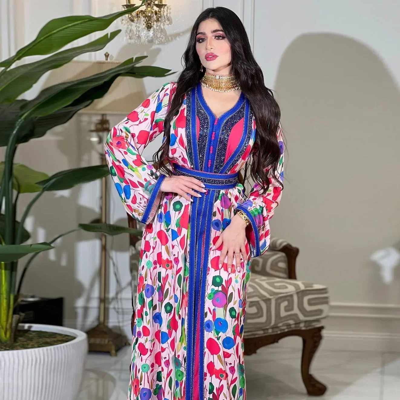 Dubai Arabischer Print Muslimisches Set Kleid & Abayas für Frauen 2-teiliges Set Musulman Ensembles Marokko Ramadan Kaftan Abaya Kaftan Vestidos