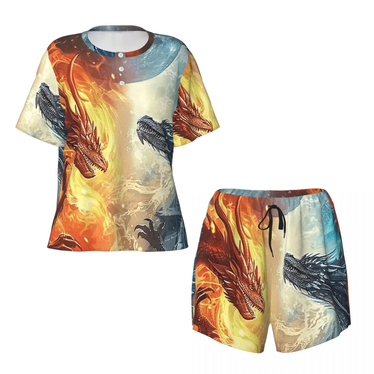 

Красная ночная рубашка с круглым вырезом и короткими рукавами Red Fire Dragon, женский мягкий пижамный комплект с короткими штанами