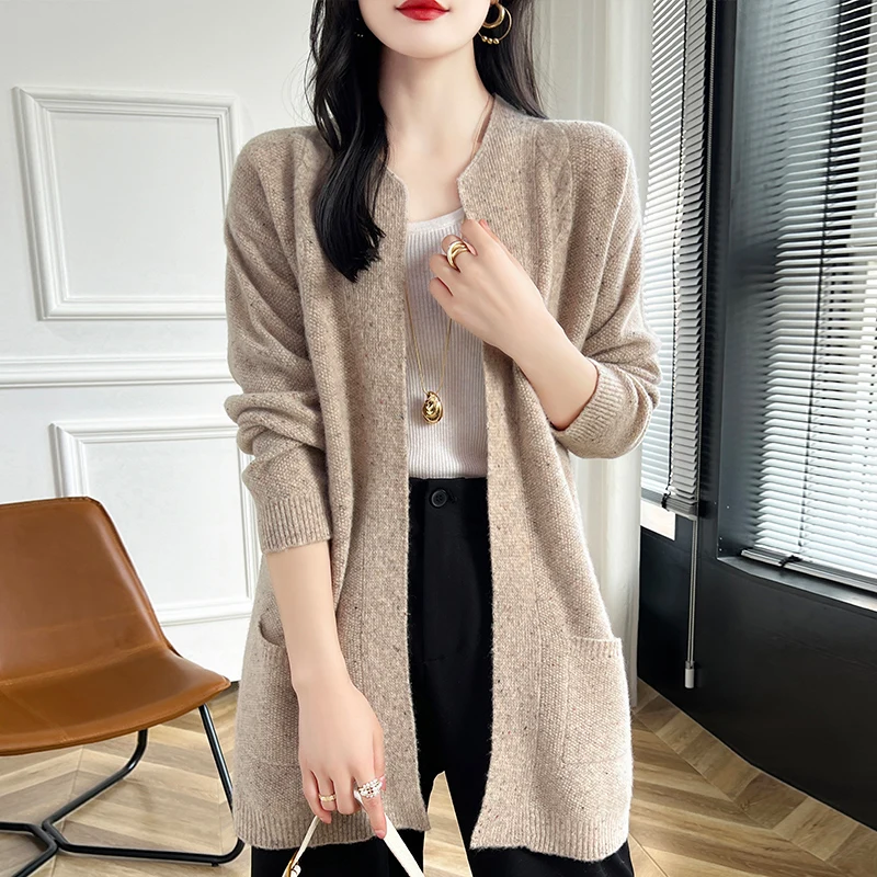 Hot Sale Autumn Winter New 100% Wool Cardigan Sweater Women's O-Neck Fashion Long Female Loose Soft Knit Large Size Coat