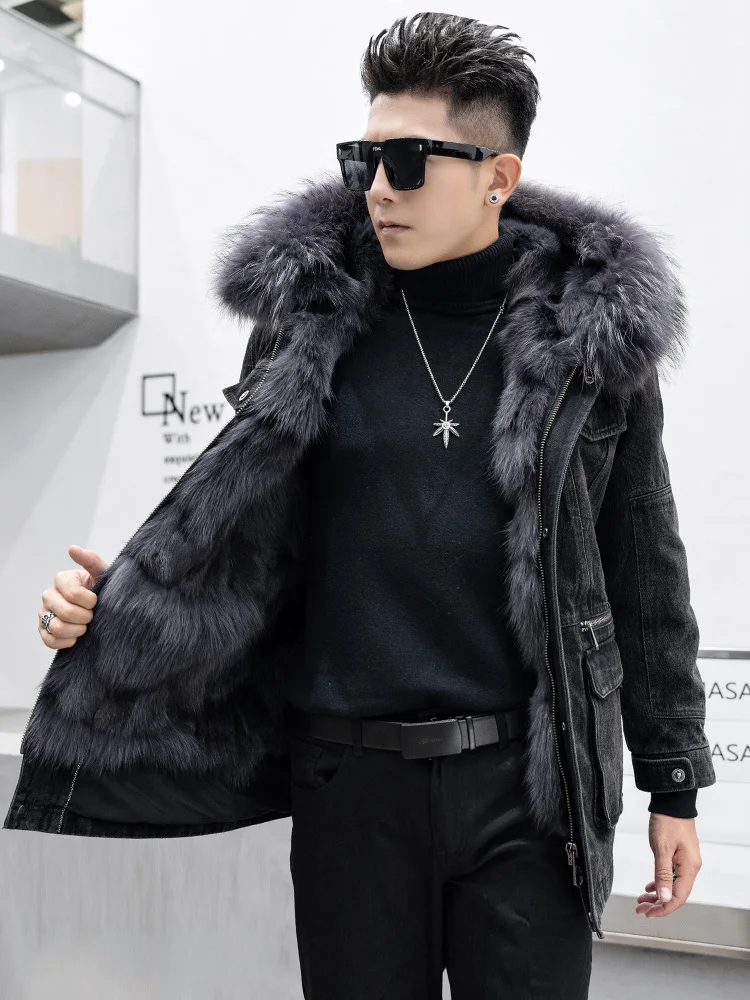 2022 Winter New Real Fox Fur Liner Denim Parka Men's Trendy Black Hooded Jacket Warm Fashion Casua Coat Removable Inner Lining