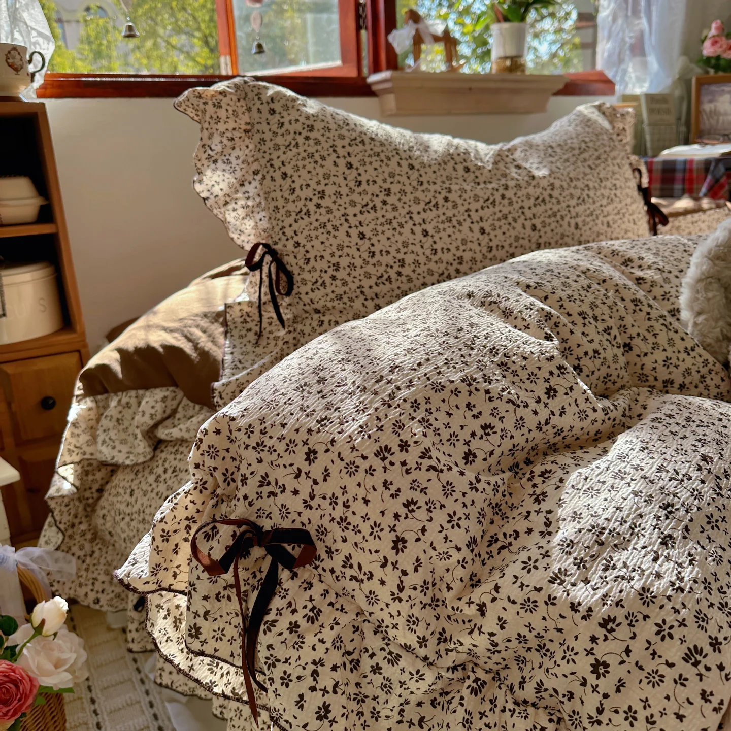 

French Vintage Floral Ruffle Bedding Set 2026 New Rustic Cottagecore Duvet Cover Set 2 Pillowcases Single Full Queen King Size