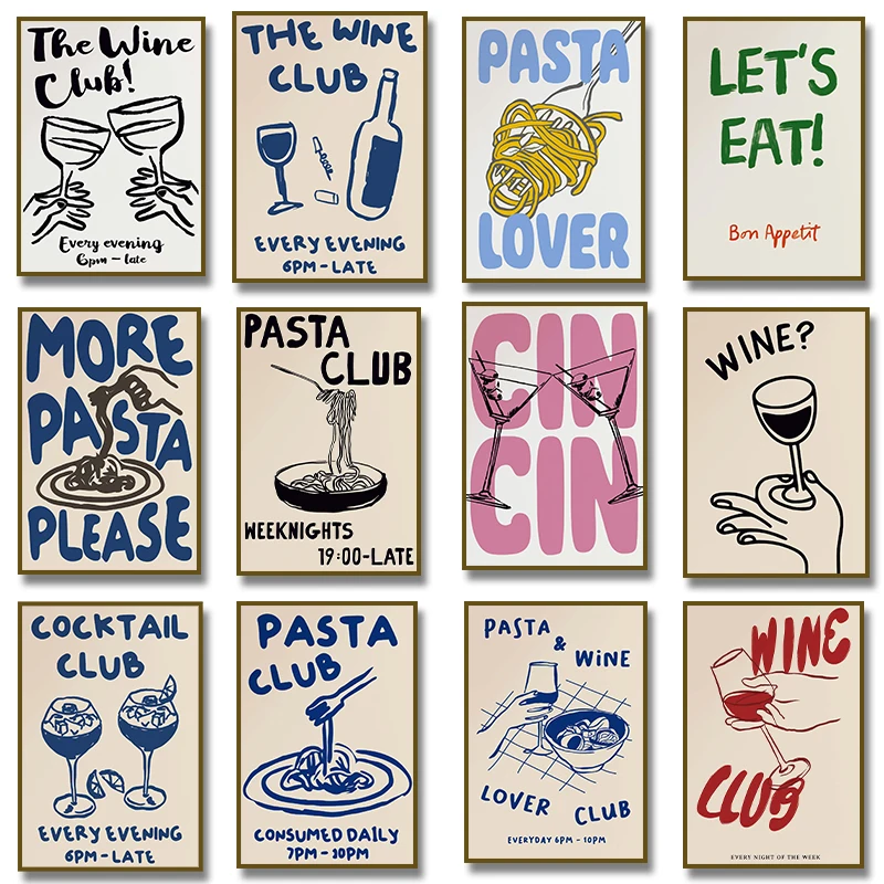 1pc frameless Canvas Painting Trendy Wine Cheers More Pasta Please Posters Print Food Gin Club  Canvas Painting Bar Cart Art  Ro