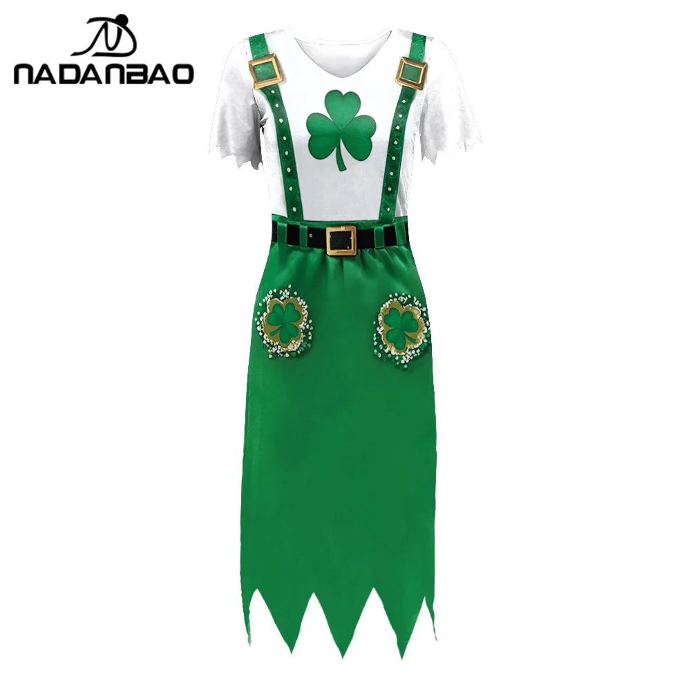 Nadanbao 3D シャムロックプリント グリーンドレス レディース 聖パトリックデー パーティードレス 夏 Vネック イレギュラードレス カジュアル衣装