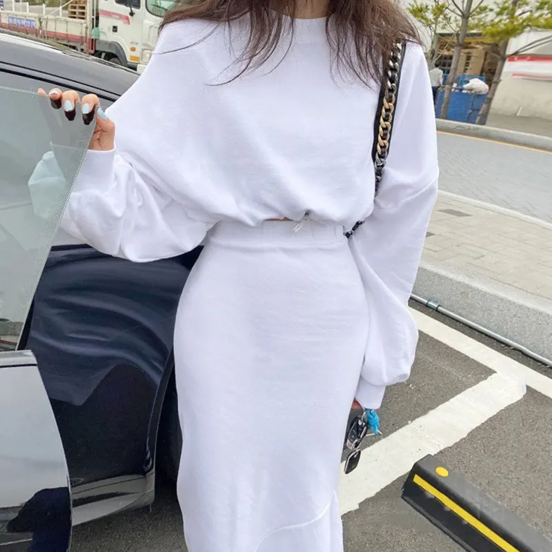 

Chic Autumnal Simple Elegance round Ne Long Sve Hoodie High Waist Belted Wrap Fi Tail Skirt Faion Set for Women