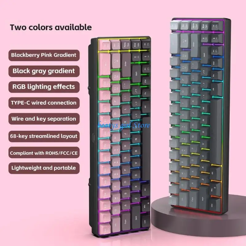 

C7AB Spill Resistant Wireds Keyboards 68 Frame 25 Rollover RGBs Edged Lighting for Desktops