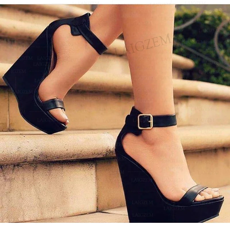 ZHIMA Women Sandals Faux Leather Platform Wedges Buckle Straps Open Toe Height Increase Female Shoes Woman Big Size 39 41 45 48