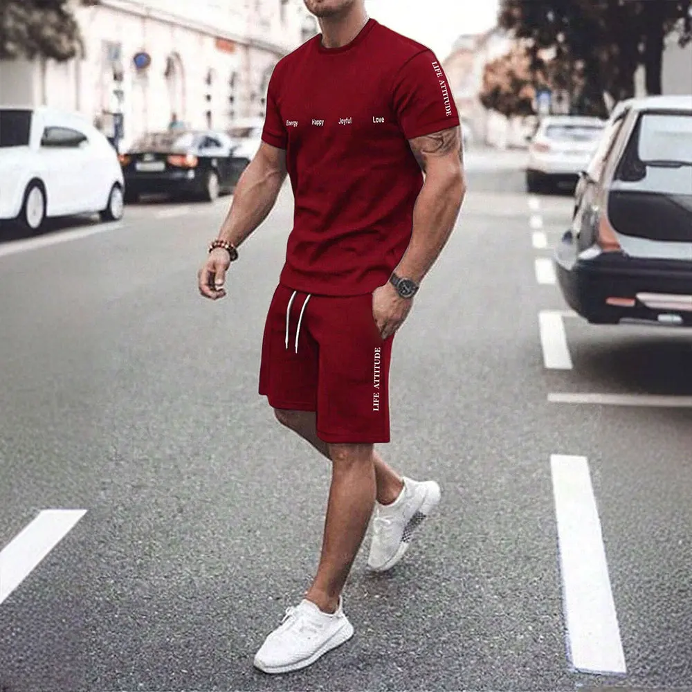 Fashion Men's Short Sleeve T-Shirt And Drawstring Shorts 2-Piece Set Casual New T-Shirt Sports Fitness Men's Clothing Summer