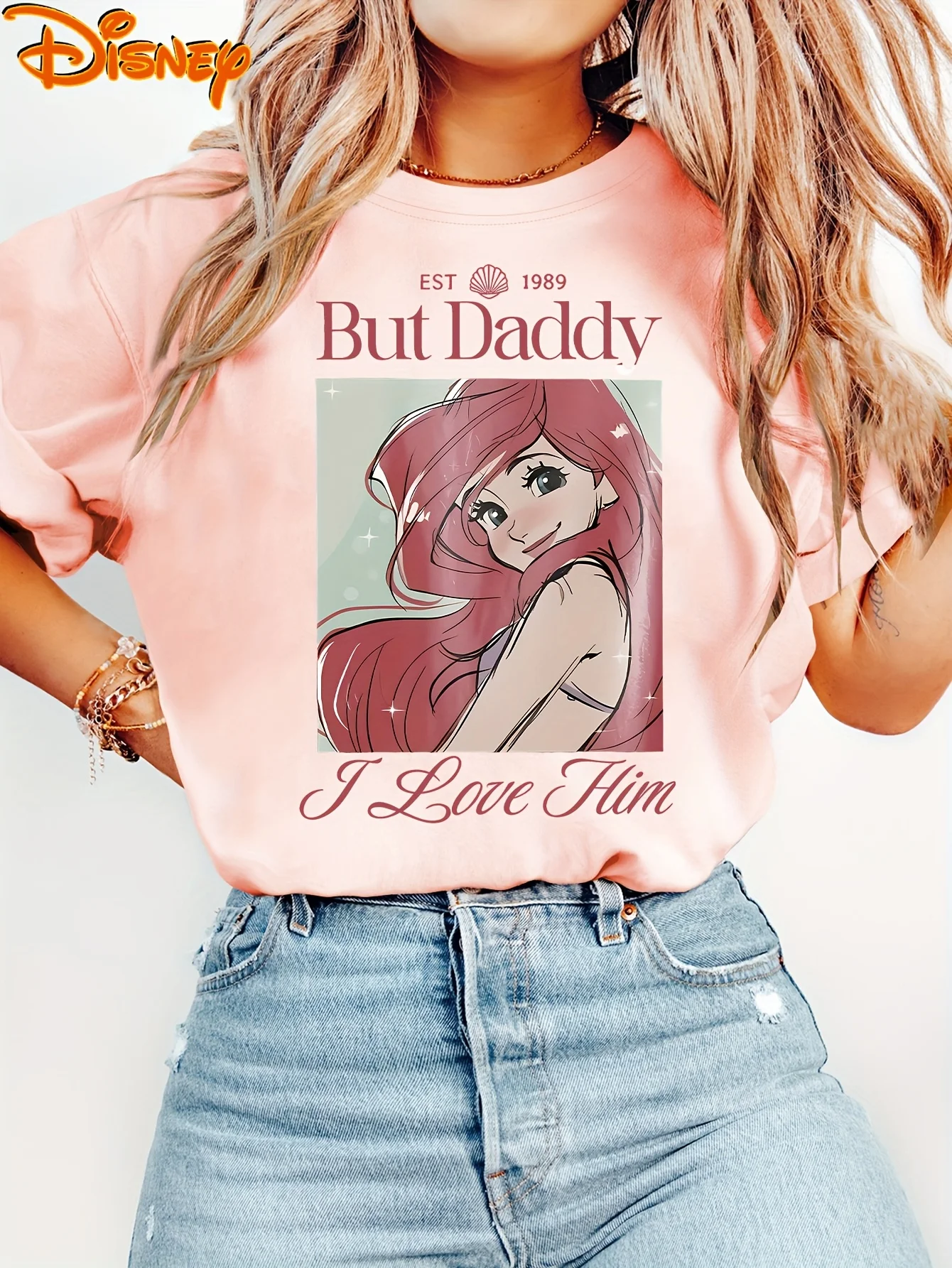 تي شيرت نسائي من Disney For Ariel Princess Little Mermaid But Daddy I Love Him برسومات كاجوال بأكمام قصيرة ورقبة دائرية ناعمة