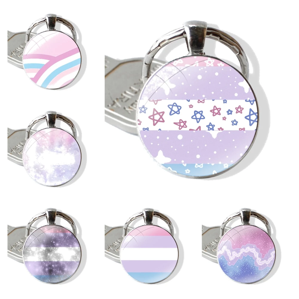 Design Keychain Handmade Glass Cabochon Key Ring Holder Pendant Key Chains Bigender Flag