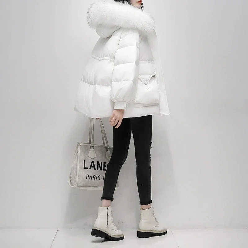 White Short Down Jacket For women Winter 2025 New Korean version Loose Thick Lady Big fur collar White duck down Coats