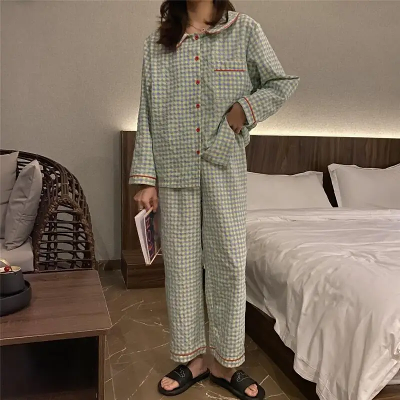 Grade pijamas femininos primavera outono confortável pijamas novo modelo mangas compridas conjunto de pijama de algodão calças cor sólida homewear