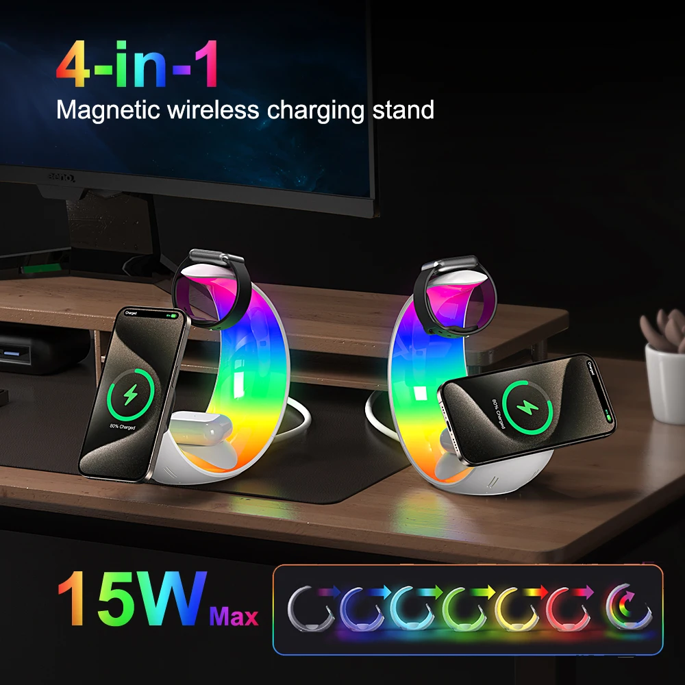 

4 in 1 Magnetic Wireless Charger Stand 15W Fast Charging Dock Station With Desk Lamp For iPhone 15 14 Pro Max Apple Watch AirPod